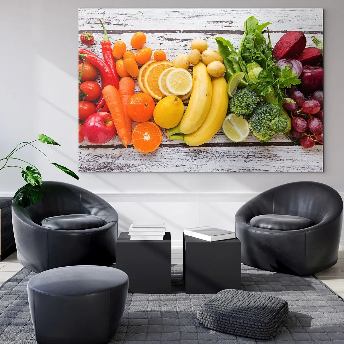 Impression sur verre - Image sur verre - Fruits et légumes colorés disposés sur une table en bois - 120x80cm - Ce n'est pas suffisant? - Décoration murale moderne pour le salon et la chambre ARTTOR