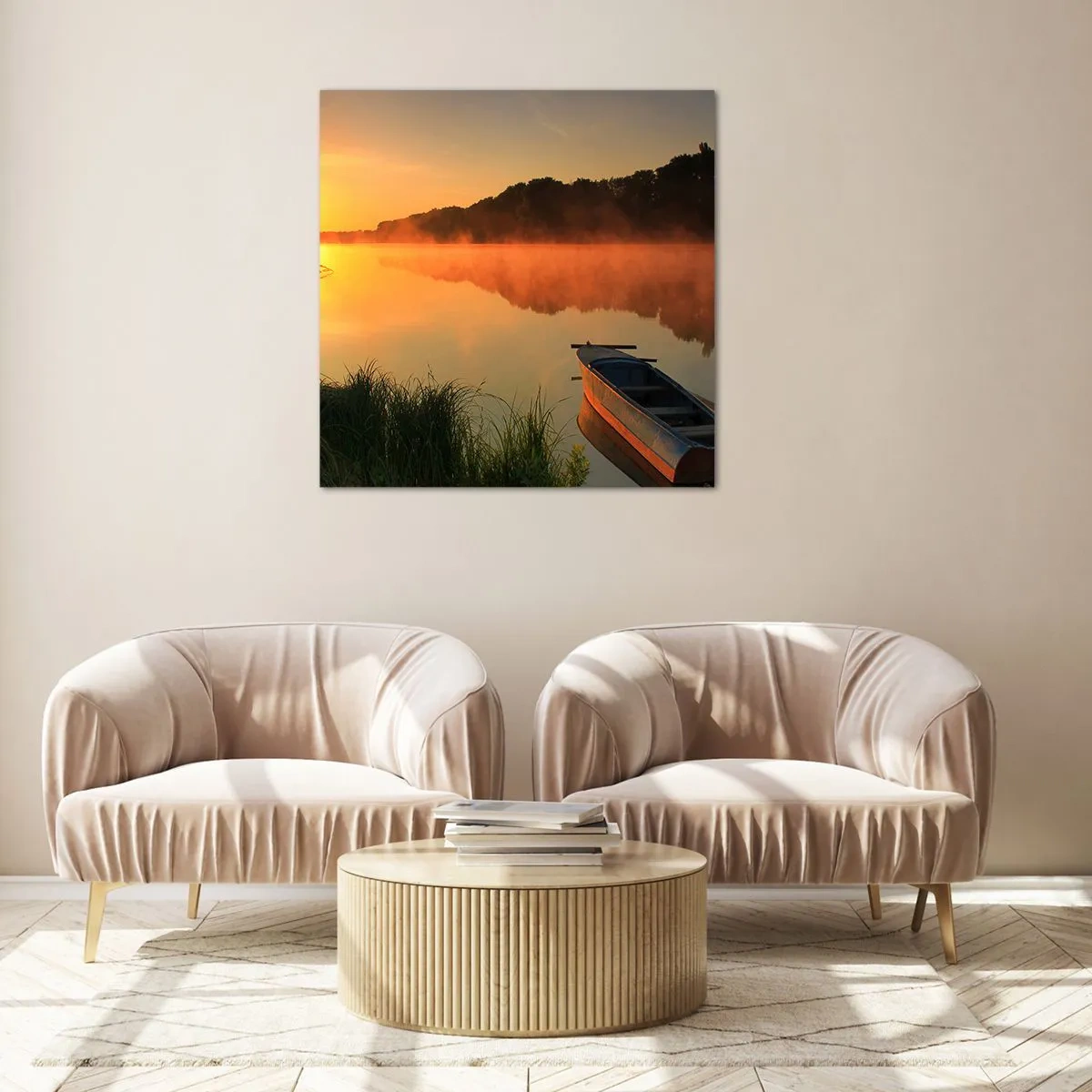 Impression sur verre - Image sur verre - Lever du soleil sur l'eau comme un miroir - 70x70 cm