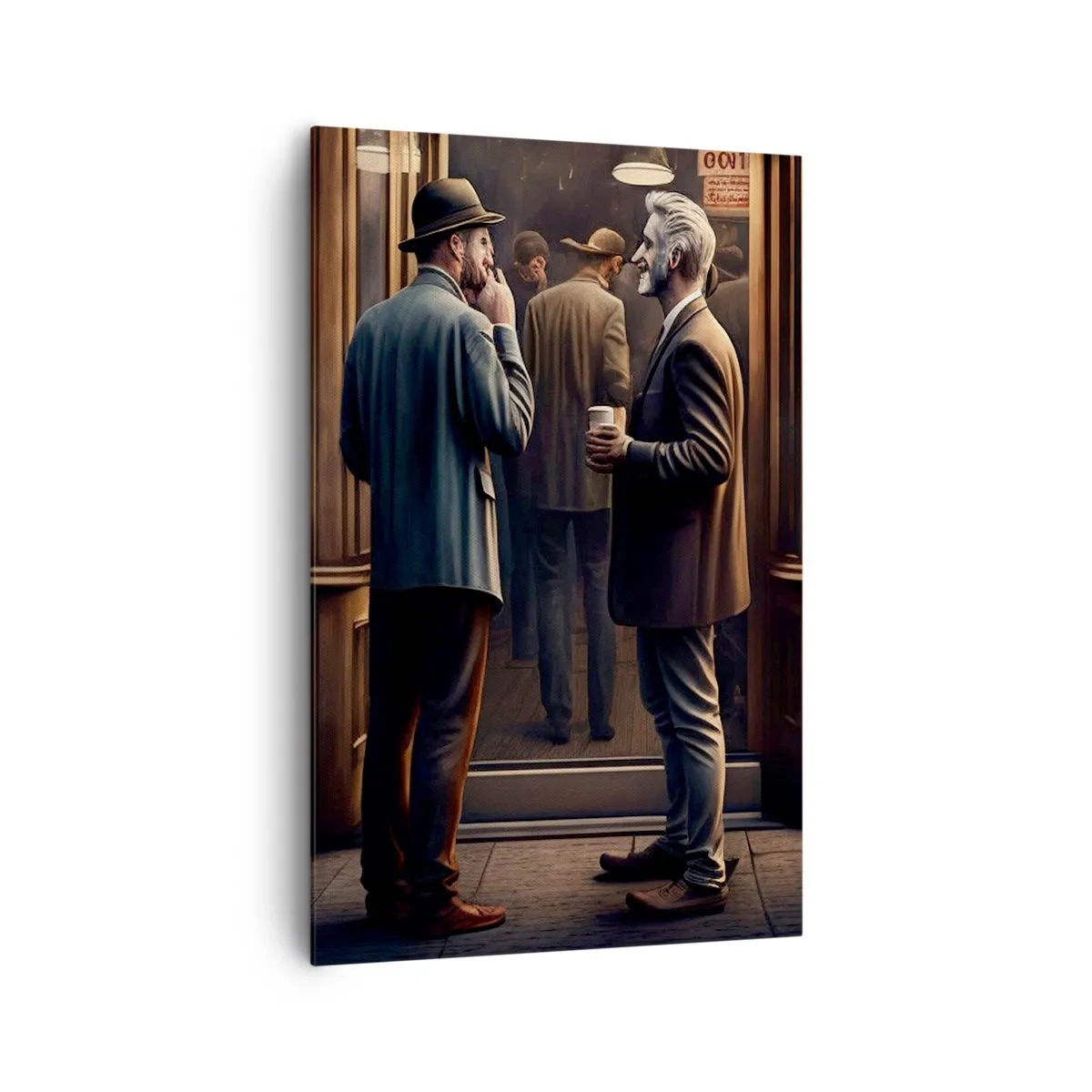 Impression sur toile - Image sur toile - Scène de rue avec des gens devant un café rétro - 80x120cm - Bon moment de la journée - Décoration murale moderne pour le salon et la chambre ARTTOR