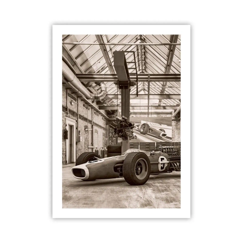 Affiche - Poster - Voiture de course emblématique dans un intérieur industriel - 50x70cm - Le repos du guerrier - Décoration murale moderne pour le salon et la chambre ARTTOR