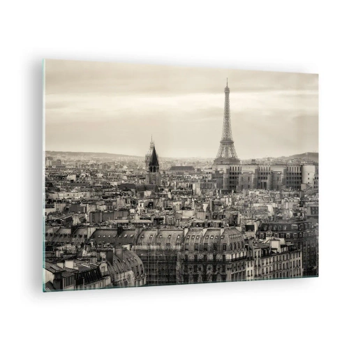 Impression sur verre - Image sur verre - Un panorama de Paris avec vue sur la Tour Eiffel dans des tons sépia - 70x50cm - Sur les toits de Paris - Décoration murale moderne pour le salon et la chambre ARTTOR