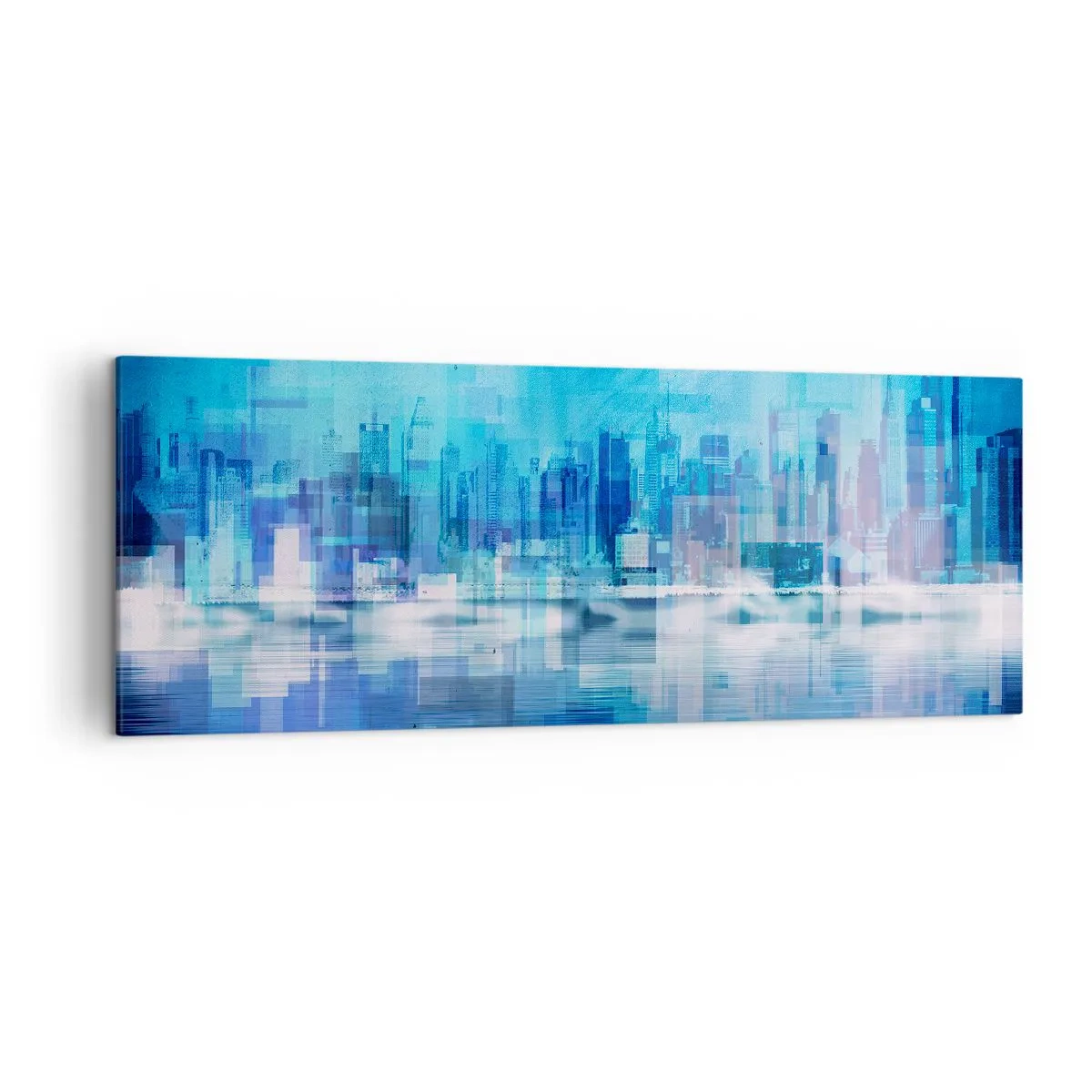 Impression sur toile - Image sur toile - Panorama urbain abstrait dans des tons bleus - 140x50cm - Noyé dans le bleu - Décoration murale moderne pour le salon et la chambre ARTTOR