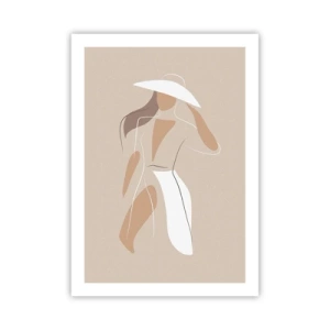 Affiche - Poster - Une silhouette minimaliste d'une femme avec un chapeau sur un fond beige. - 50x70cm - Lea mode est un jeu - Décoration murale moderne pour le salon et la chambre ARTTOR