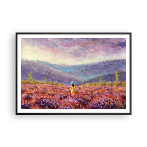 Affiche dans un cadre noir - Poster - Une femme portant un chapeau marchant dans un champ de lavande. - 100x70cm - Dans un monde lavande - Décoration murale moderne pour le salon et la chambre ARTTOR