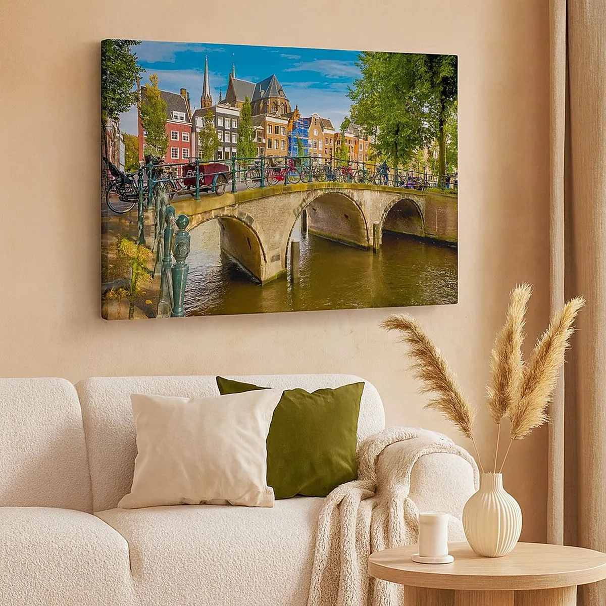 Impression sur toile - Image sur toile - Un canal pittoresque avec un pont à Amsterdam - 70x50cm - Le printemps sur le canal - Décoration murale moderne pour le salon et la chambre ARTTOR