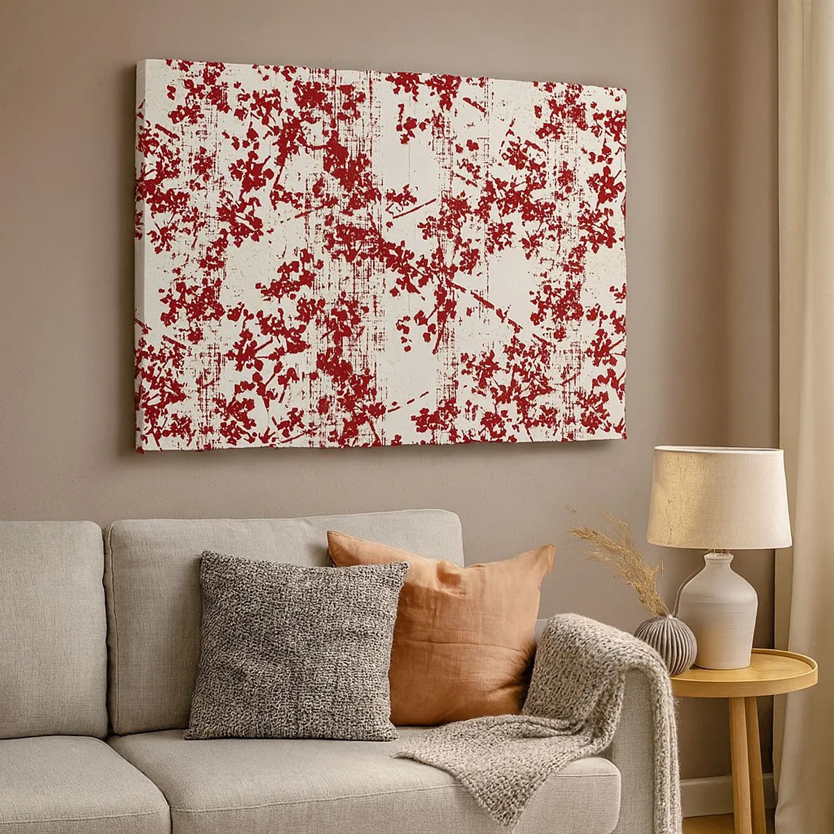 Impression sur toile - Image sur toile - Fleurs rouges sur fond blanc dans un style artistique - 70x50cm - Comme un calicot ancien - Décoration murale moderne pour le salon et la chambre ARTTOR