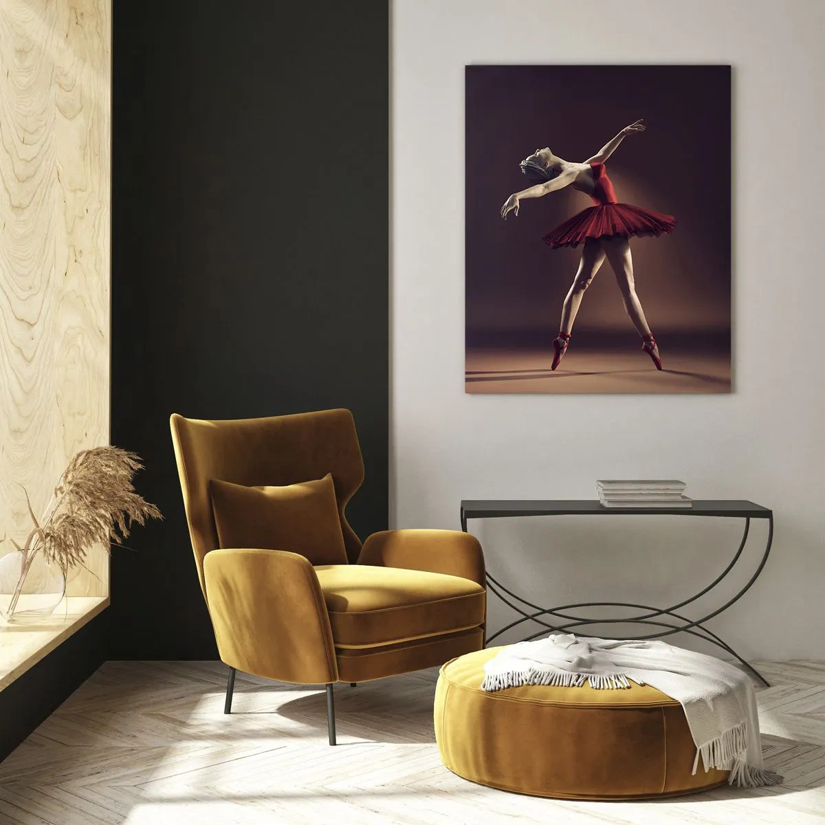 Impression sur verre - Image sur verre - Une danseuse de ballet en robe rouge sur fond de scène - 80x120cm - Une danseuse étoile - Décoration murale moderne pour le salon et la chambre ARTTOR