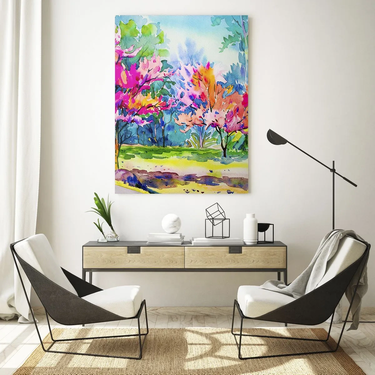 Impression sur verre - Image sur verre - Arbres colorés dans un parc dans un style aquarelle - 80x120cm - Jardin arc-en-ciel à la lumière du printemps - Décoration murale moderne pour le salon et la chambre ARTTOR