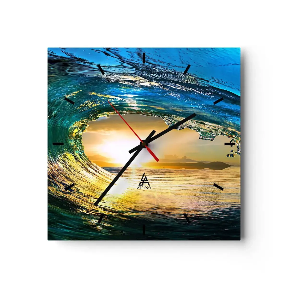 Horloge murale - Pendule murale - Vague de l'océan au soleil avec vue sur l'horizon - 30x30cm - Dans un éclat émeraude-or - Décoration murale moderne pour le salon et la chambre ARTTOR