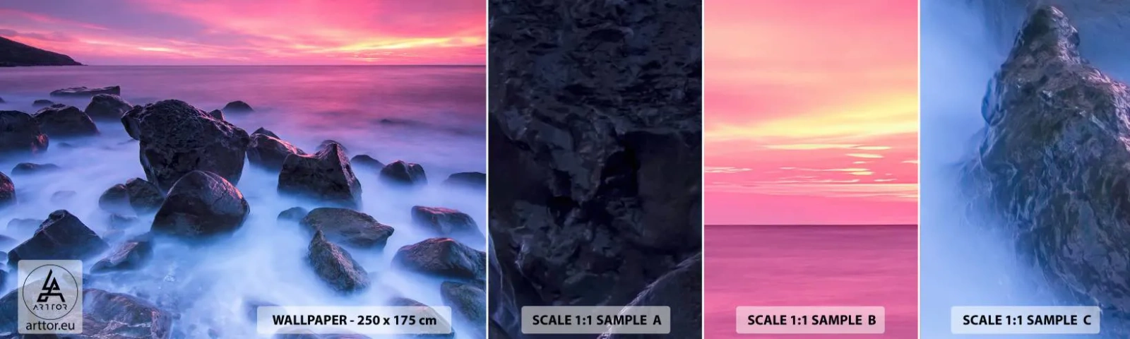 Échantillon De Papier Peint Standard Eco - Naissance dans la lumière et le brouillard - Paysage, Océan, Coucher de soleil - 100x30 cm