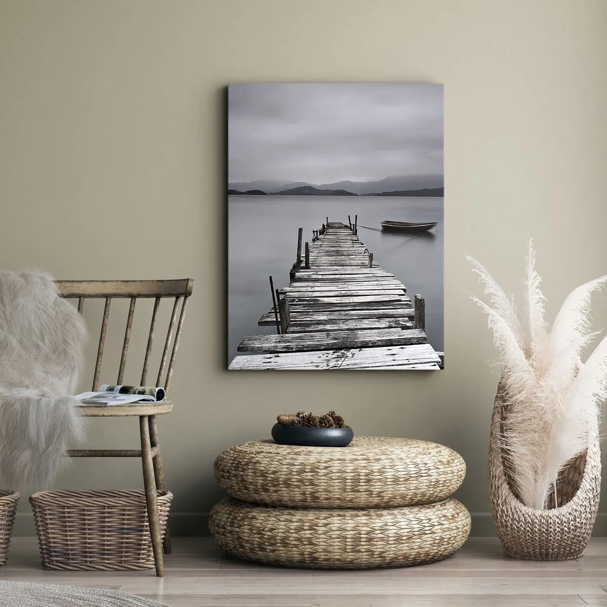 Impression sur toile - Image sur toile - Un pont en bois menant à la surface calme du lac - 80x120cm - Tu peux partir demain - Décoration murale moderne pour le salon et la chambre ARTTOR