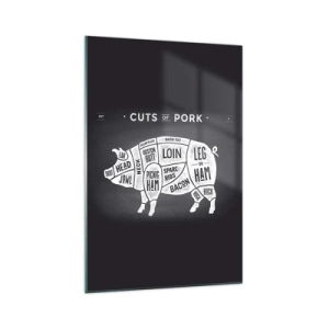 Impression sur verre - Image sur verre - Diagramme des coupes de porc sur fond noir - 70x100cm - L'art de la découpe - Décoration murale moderne pour le salon et la chambre ARTTOR