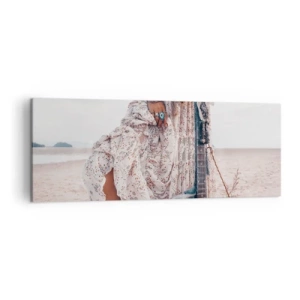 Impression sur toile - Image sur toile - Femme de style bohème avec guitare sur la plage - 140x50cm - Enfant de fleur en route - Décoration murale moderne pour le salon et la chambre ARTTOR