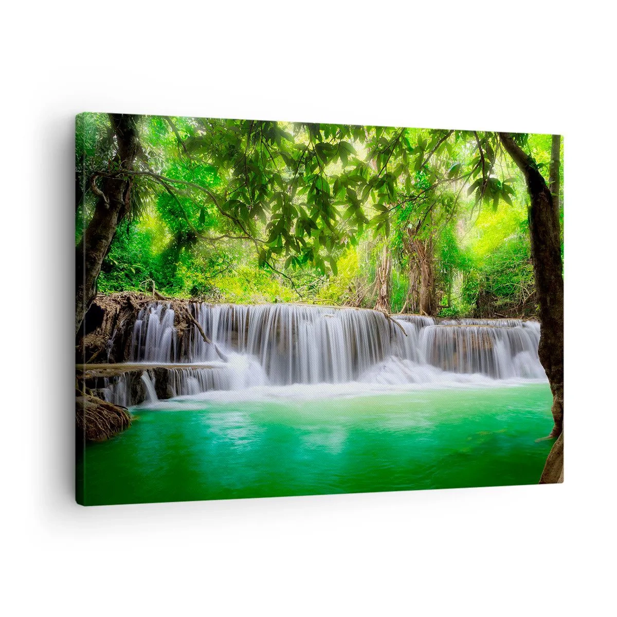 Impression sur toile - Image sur toile - Une cascade verte entourée d'une végétation tropicale dense - 70x50cm - Une cascade de vert - Décoration murale moderne pour le salon et la chambre ARTTOR