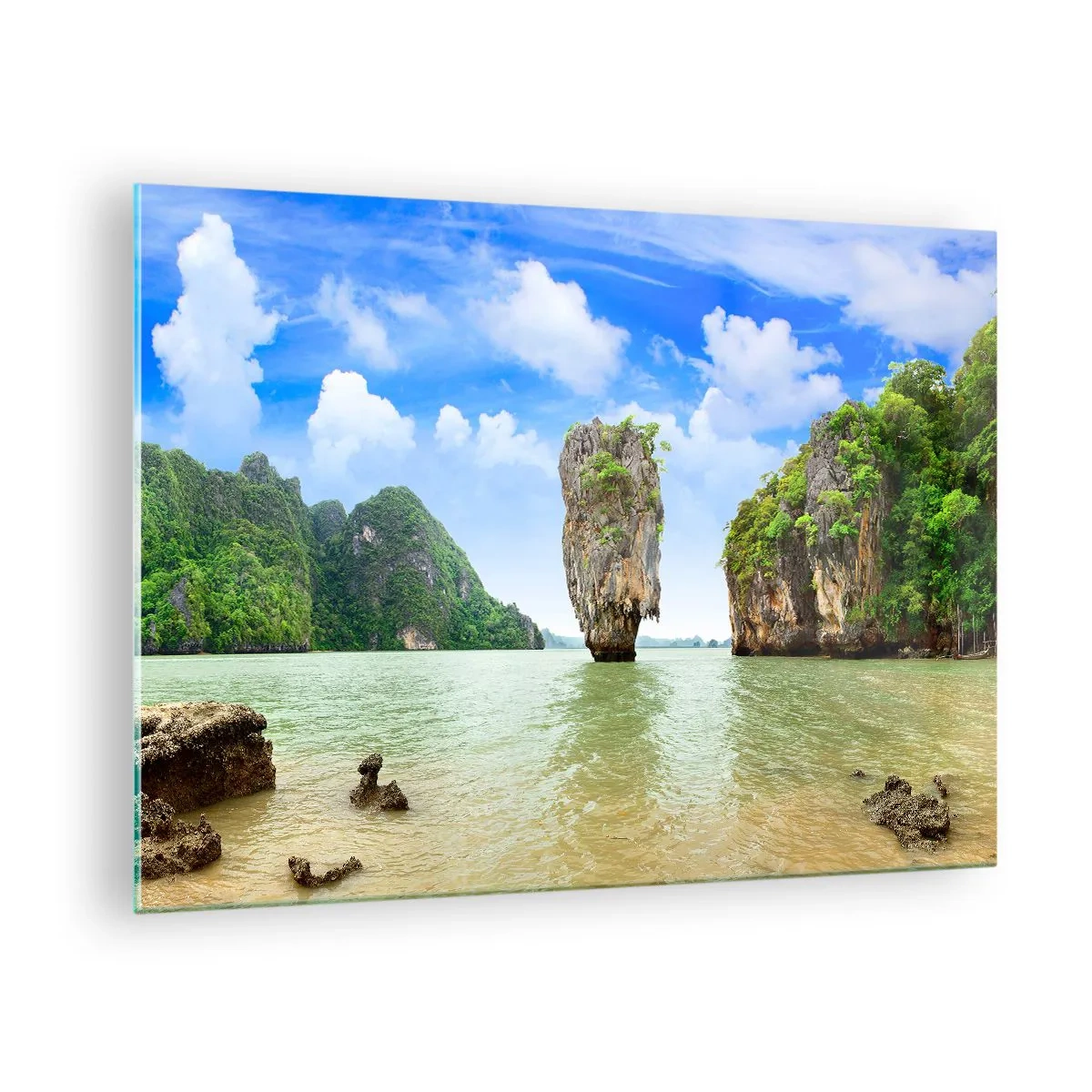 Impression sur verre - Image sur verre - Un rocher dans l'eau entouré d'îles tropicales - 70x50cm - Merveilles rocheuses de la nature - Décoration murale moderne pour le salon et la chambre ARTTOR