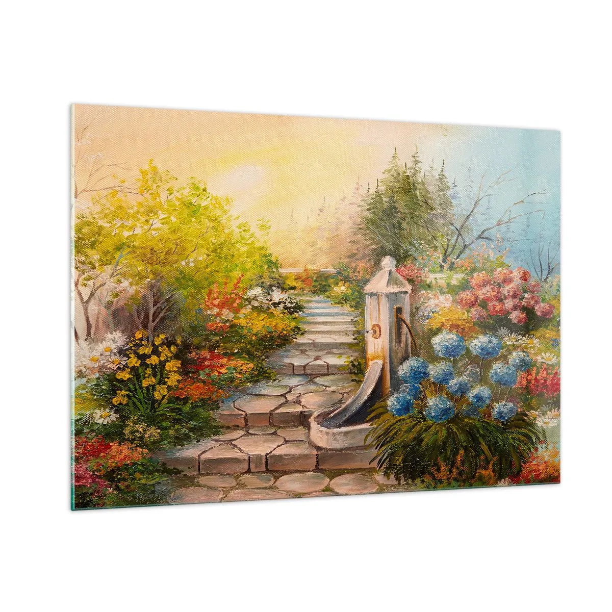 Impression sur verre - Image sur verre - Un jardin fleuri avec une fontaine en pleine floraison - 100x70cm - En pleine floraison - Décoration murale moderne pour le salon et la chambre ARTTOR