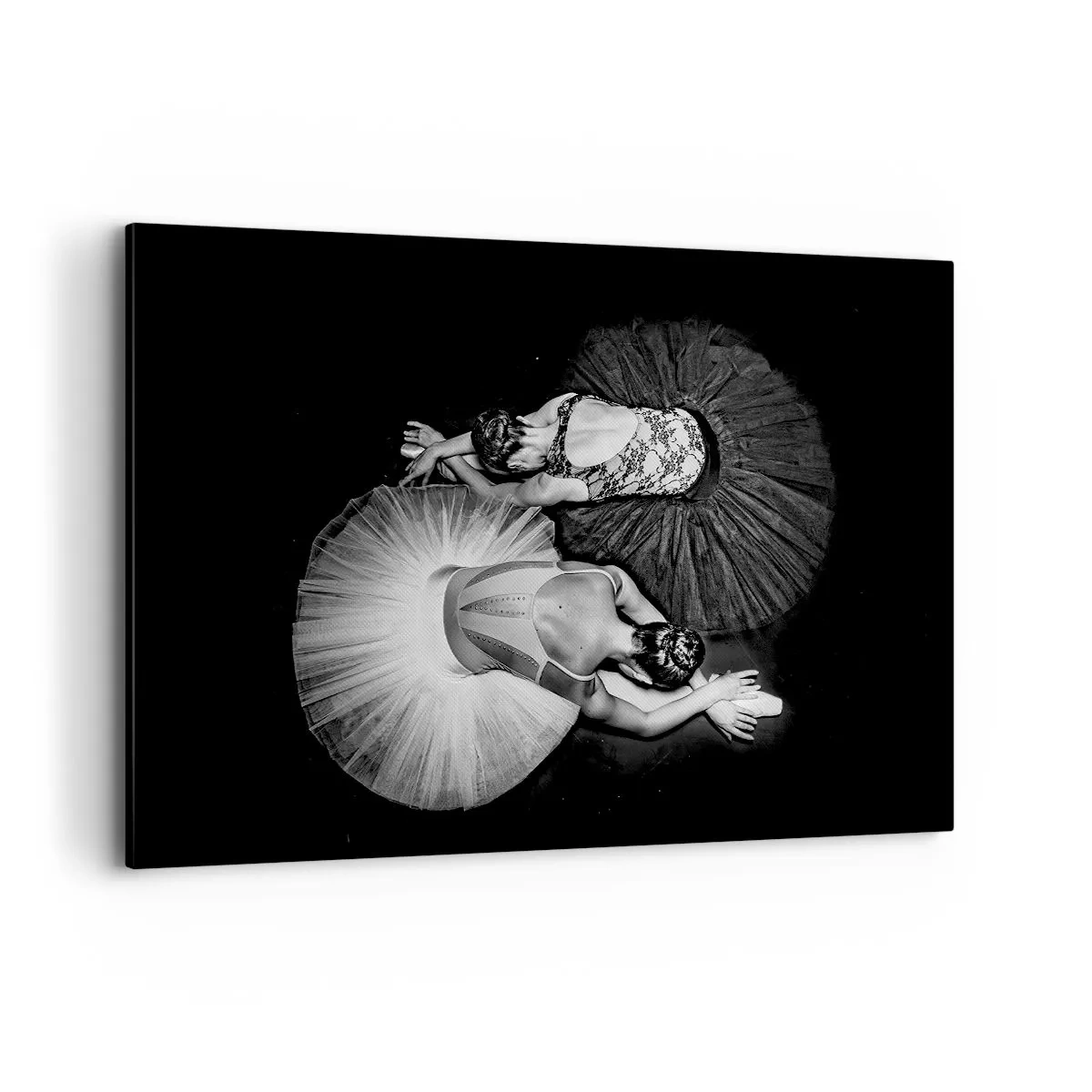 Impression sur toile - Image sur toile - Une image en noir et blanc de deux ballerines dans une pose dynamique. - 120x80cm - Jin et jang – équilibre idéal - Décoration murale moderne pour le salon et la chambre ARTTOR