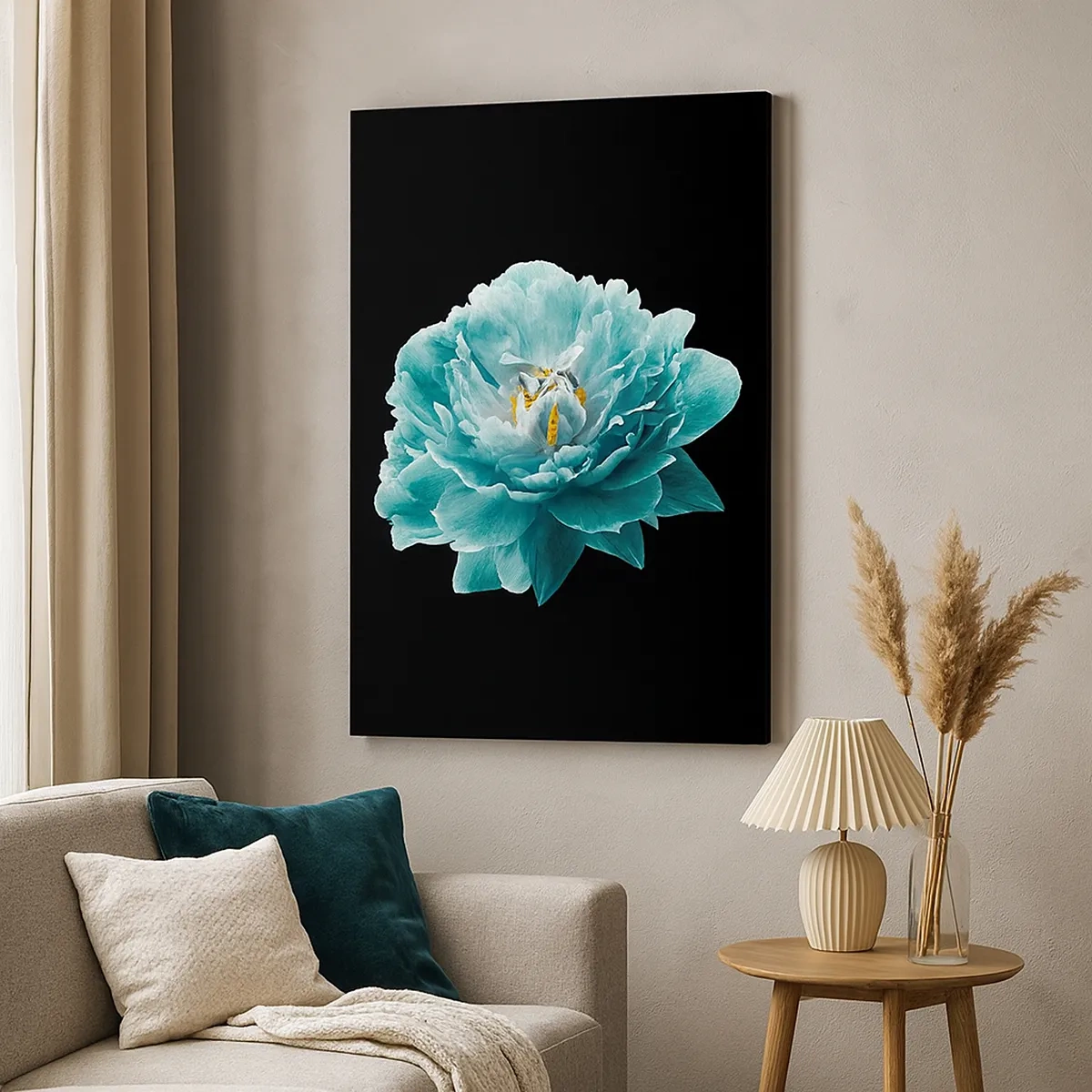Impression sur toile - Image sur toile - Fleur de pivoine turquoise sur fond noir - 50x70cm - Pétales bleus et dorés - Décoration murale moderne pour le salon et la chambre ARTTOR