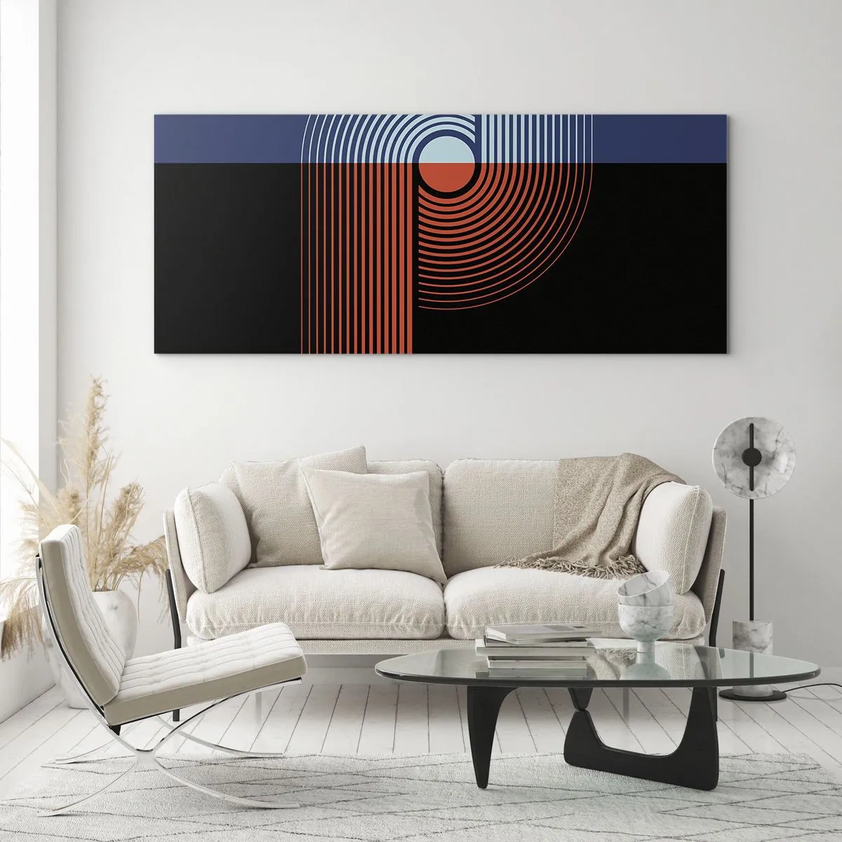 Impression sur verre - Image sur verre - Abstraction géométrique avec des lignes bleu marine et orange. - 120x50cm - Dans une étreinte géométrique - Décoration murale moderne pour le salon et la chambre ARTTOR