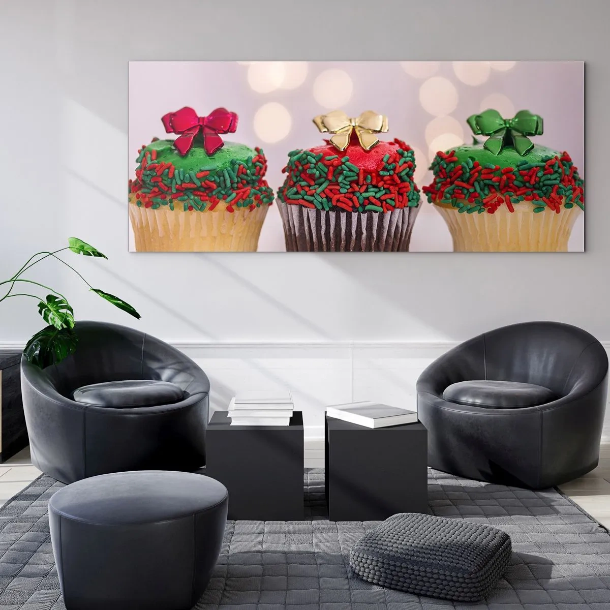 Impression sur verre - Image sur verre - Cupcakes de Noël avec des paillettes et des nœuds colorés - 140x50cm - Une sucrerie après la cocarde - Décoration murale moderne pour le salon et la chambre ARTTOR
