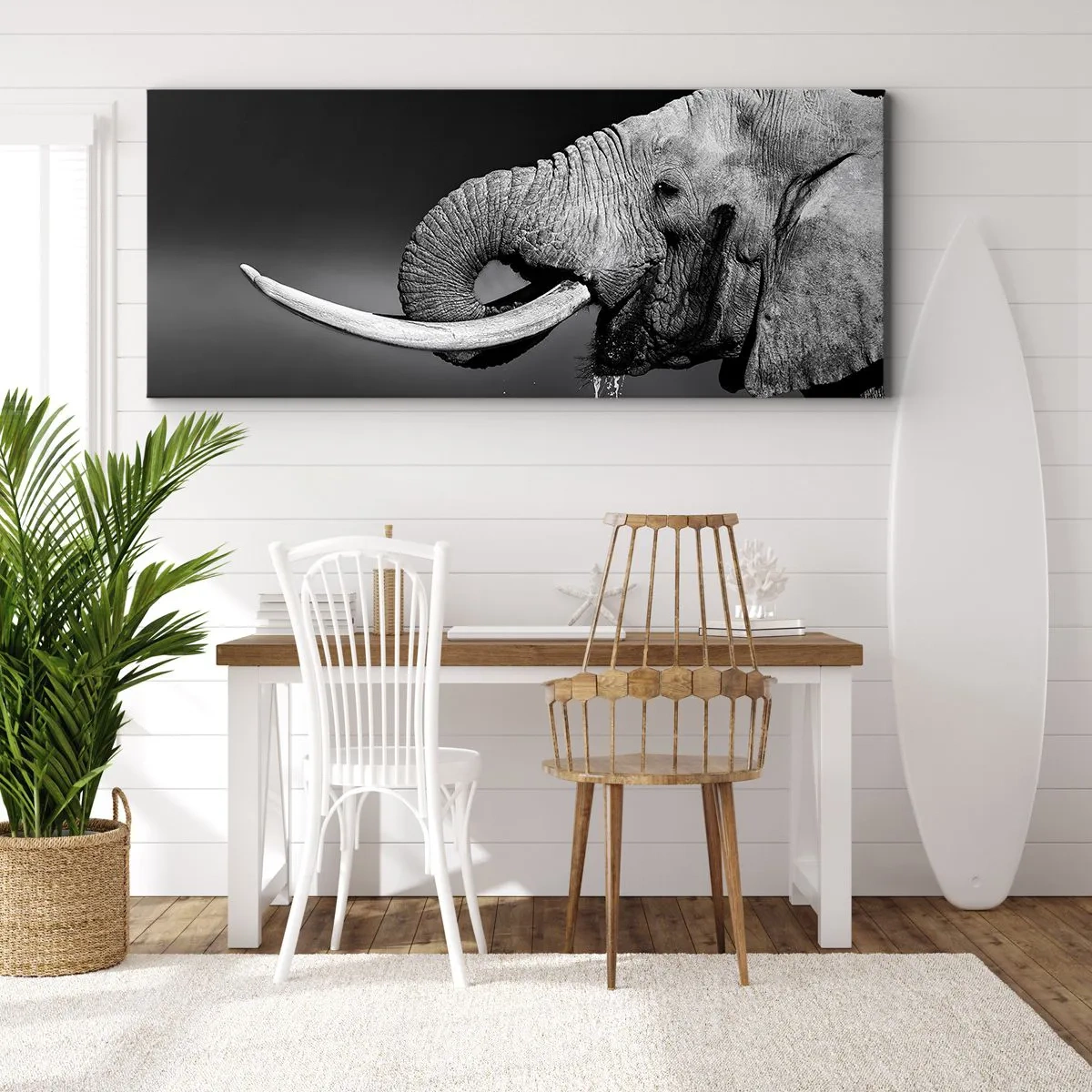 Impression sur toile - Image sur toile - Portrait noir et blanc d'un éléphant de profil - 140x50cm - Oui, c'est bon maintenant - Décoration murale moderne pour le salon et la chambre ARTTOR