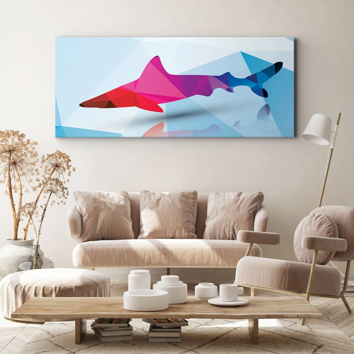 Impression sur toile - Image sur toile - Silhouette de requin géométrique dans les tons rose et bleu - 120x50cm - Un requin dans un espace de cristal - Décoration murale moderne pour le salon et la chambre ARTTOR