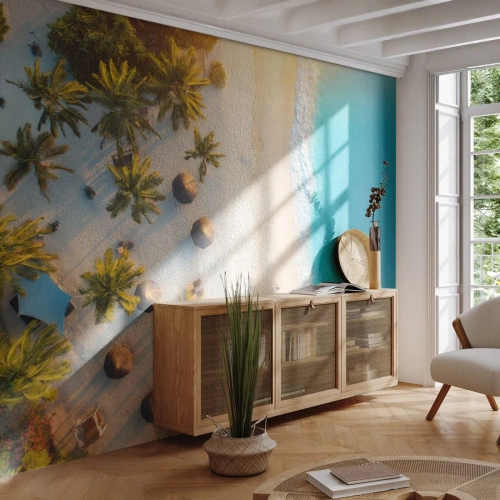 Papier Peint Photo Premium Canvas - Vue d'une plage tropicale avec des palmiers et une mer turquoise - 100x70cm - Bienvenue au paradis - Décoration murale moderne pour le salon et la chambre ARTTOR