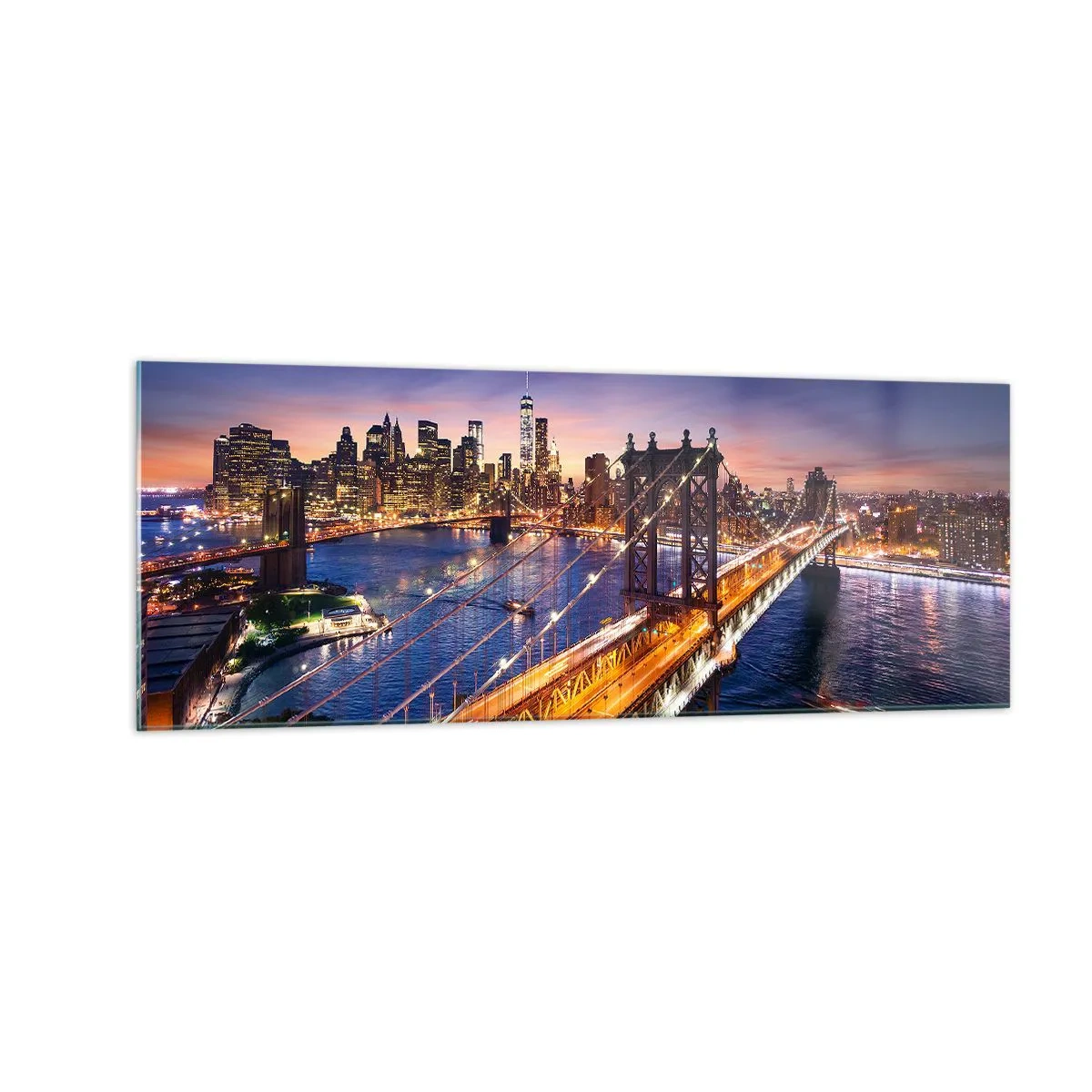 Impression sur verre - Image sur verre - Le pont et le panorama de la ville au coucher du soleil - 140x50cm - Un pont lumineux au cœur de la ville - Décoration murale moderne pour le salon et la chambre ARTTOR