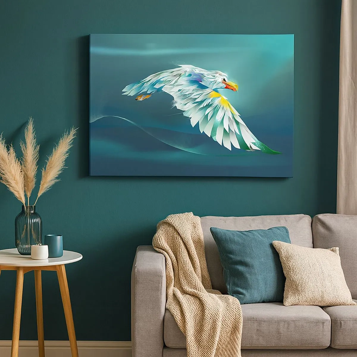 Impression sur toile - Image sur toile - Aigle abstrait en vol contre un ciel turquoise - 70x50cm - Aigle, puissance de tes vols - Décoration murale moderne pour le salon et la chambre ARTTOR