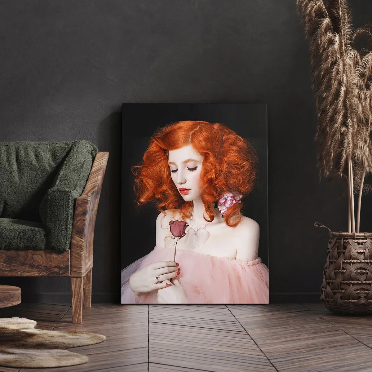 Impression sur toile - Image sur toile - Une femme aux cheveux roux tenant une rose - 70x100cm - De style baroque - Décoration murale moderne pour le salon et la chambre ARTTOR