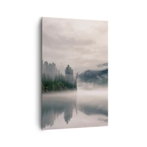 Impression sur toile - Image sur toile - Une forêt brumeuse se reflétant dans un lac calme - 80x120cm - Reflet dans le brouillard - Décoration murale moderne pour le salon et la chambre ARTTOR