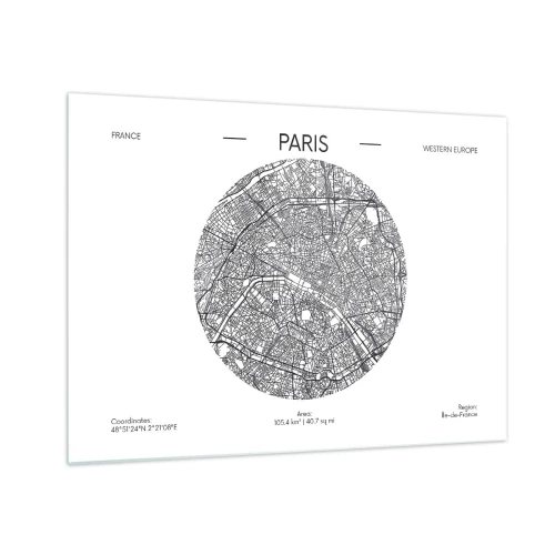 Impression sur verre - Image sur verre - Une carte circulaire de Paris en illustration noir et blanc - 70x50cm - Anatomie de Paris - Décoration murale moderne pour le salon et la chambre ARTTOR