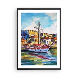 Affiche dans un cadre noir - Poster - Une aquarelle colorée d'un yacht dans une ville balnéaire - 50x70cm - Après-midi arc-en-ciel - Décoration murale moderne pour le salon et la chambre ARTTOR