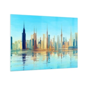 Impression sur verre - Image sur verre - Un panorama de la métropole reflété dans l'eau sous un ciel bleu - 70x50cm - Une métropole ensoleillée - Décoration murale moderne pour le salon et la chambre ARTTOR