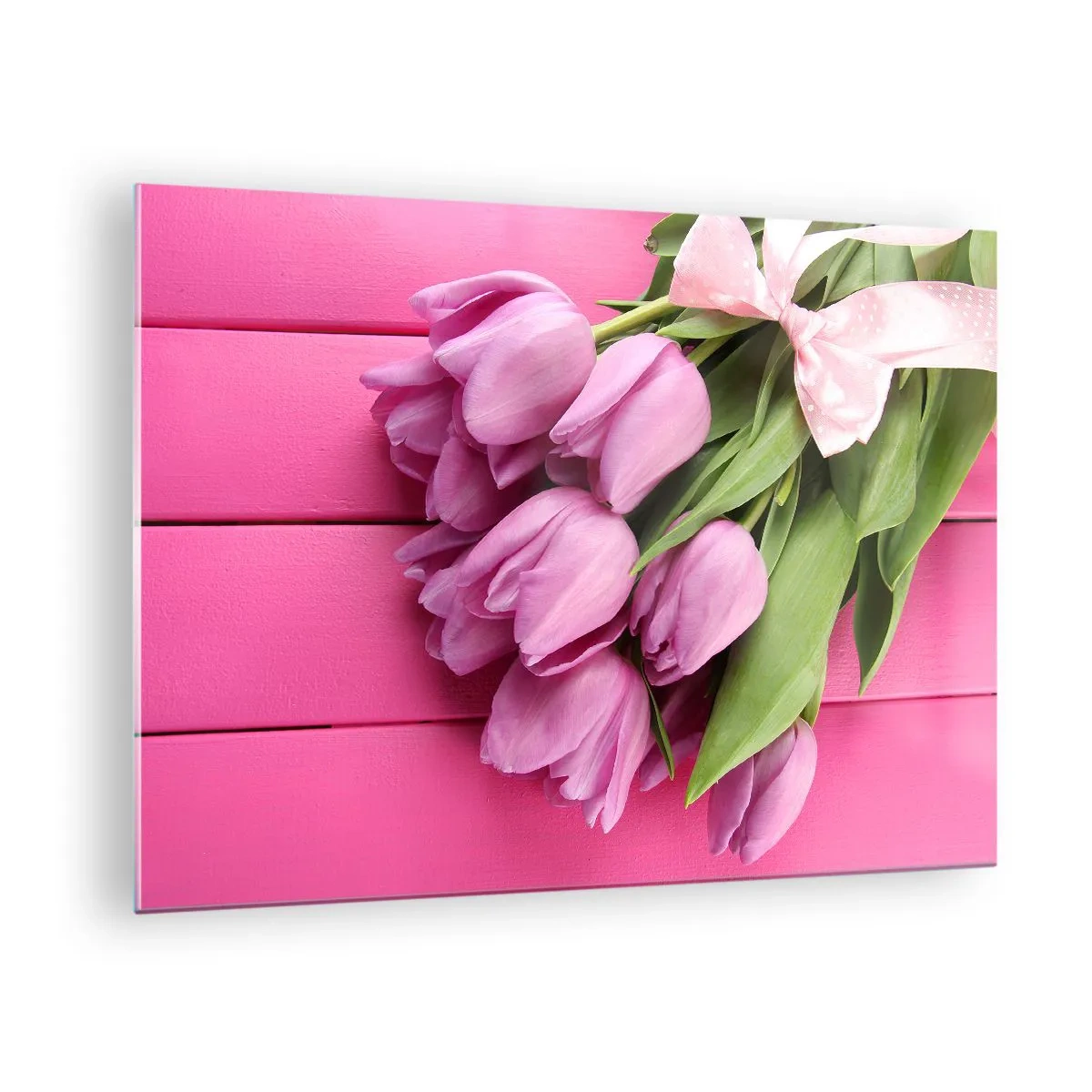 Impression sur verre - Image sur verre - Un bouquet de tulipes roses sur un fond en bois - 70x50cm - Juste pour toi - Décoration murale moderne pour le salon et la chambre ARTTOR