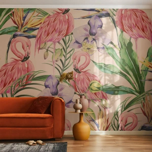 Papier peint sur mesure Premium Sand - Ballet rose dans les fleurs - Oiseau, Flamant, Jungle