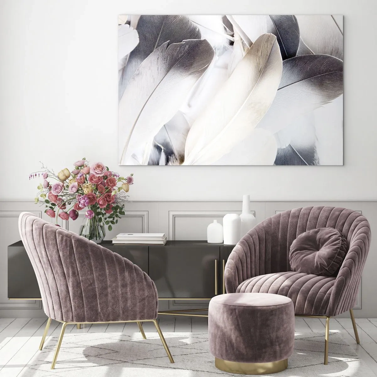 Impression sur verre - Image sur verre - Plumes délicates et légères dans des tons de blanc et de gris - 70x50cm - Presque angélique - Décoration murale moderne pour le salon et la chambre ARTTOR