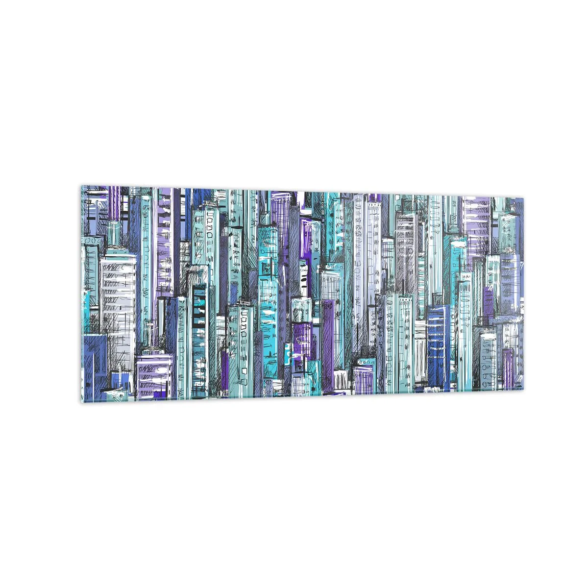 Impression sur verre - Image sur verre - Illustration d'une ville avec des bâtiments géométriques dans des tons de bleu et de violet. - 120x50cm - Bleuâtre avec le ciel - Décoration murale moderne pour le salon et la chambre ARTTOR