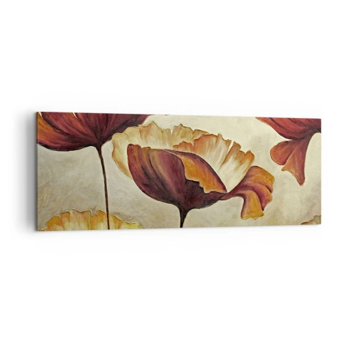 Impression sur toile - Image sur toile - Fleurs subtiles dans des tons de rouge et d'or sur un fond clair - 140x50cm - À la lisière des champs - Décoration murale moderne pour le salon et la chambre ARTTOR