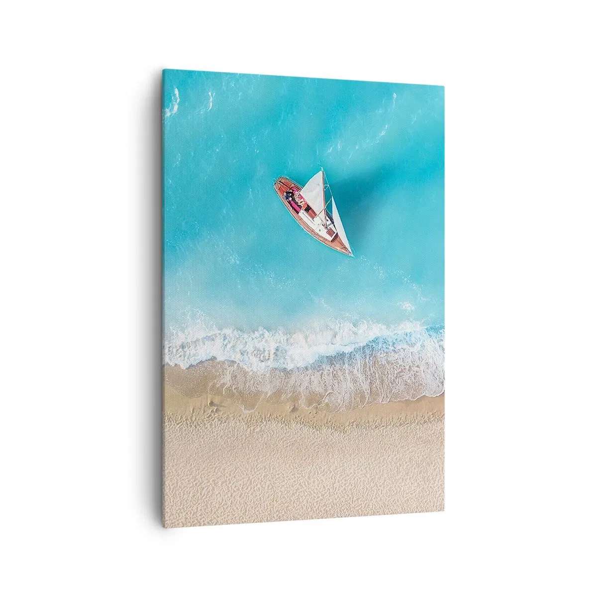 Impression sur toile - Image sur toile - Vue aérienne d'un bateau sur la plage - 70x100cm - A la frontière de l'azur et de l'or - Décoration murale moderne pour le salon et la chambre ARTTOR