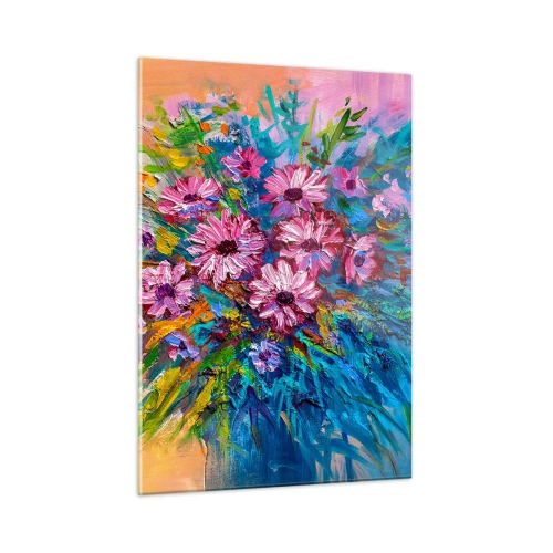 Impression sur verre - Image sur verre - Un bouquet de fleurs roses dans une composition artistique et colorée - 50x70cm - Énergie de la vie - Décoration murale moderne pour le salon et la chambre ARTTOR