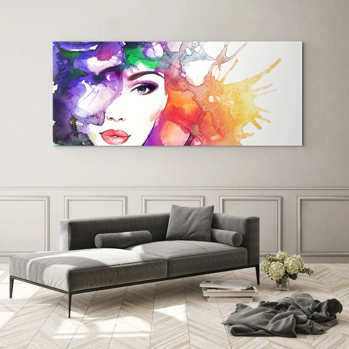 Impression sur verre - Image sur verre - Portrait d'une femme aux couleurs aquarelles avec des taches abstraites - 120x50cm - Avec la tête dans les nuages - Décoration murale moderne pour le salon et la chambre ARTTOR