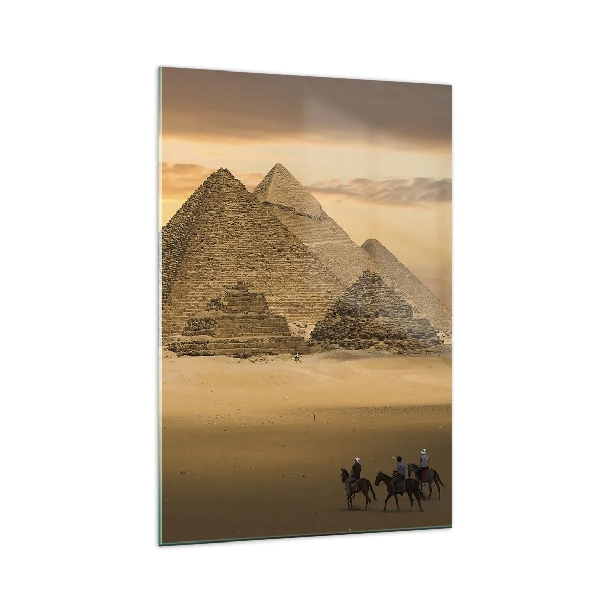 Impression sur verre - Image sur verre - Pyramides d'Égypte au coucher du soleil avec des cavaliers à cheval - 70x100cm - Aucun changement depuis des milliers d'années - Décoration murale moderne pour le salon et la chambre ARTTOR