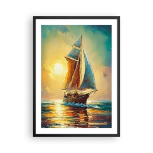Affiche dans un cadre noir - Poster - Un voilier sur fond de coucher de soleil doré - 50x70cm - Toutes voiles dehors - Décoration murale moderne pour le salon et la chambre ARTTOR