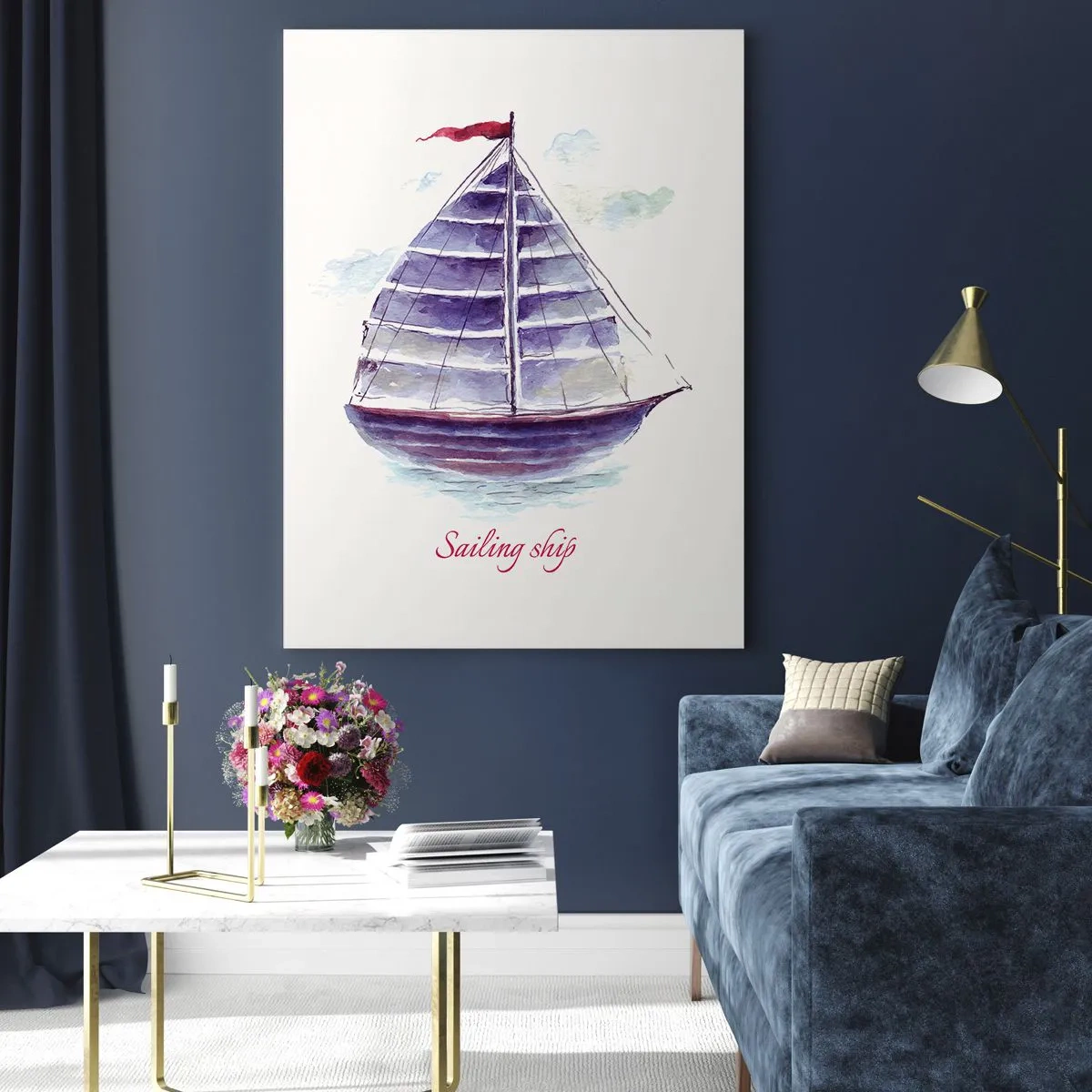 Impression sur verre - Image sur verre - Voilier aquarelle avec l'inscription Voilier - 50x70cm - Plein de voiles et d’eau calme - Décoration murale moderne pour le salon et la chambre ARTTOR