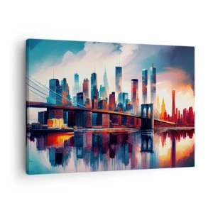 Impression sur toile - Image sur toile - Panorama de la ville de New York avec pont et reflet dans l'eau - 70x50cm - New York onirique - Décoration murale moderne pour le salon et la chambre ARTTOR