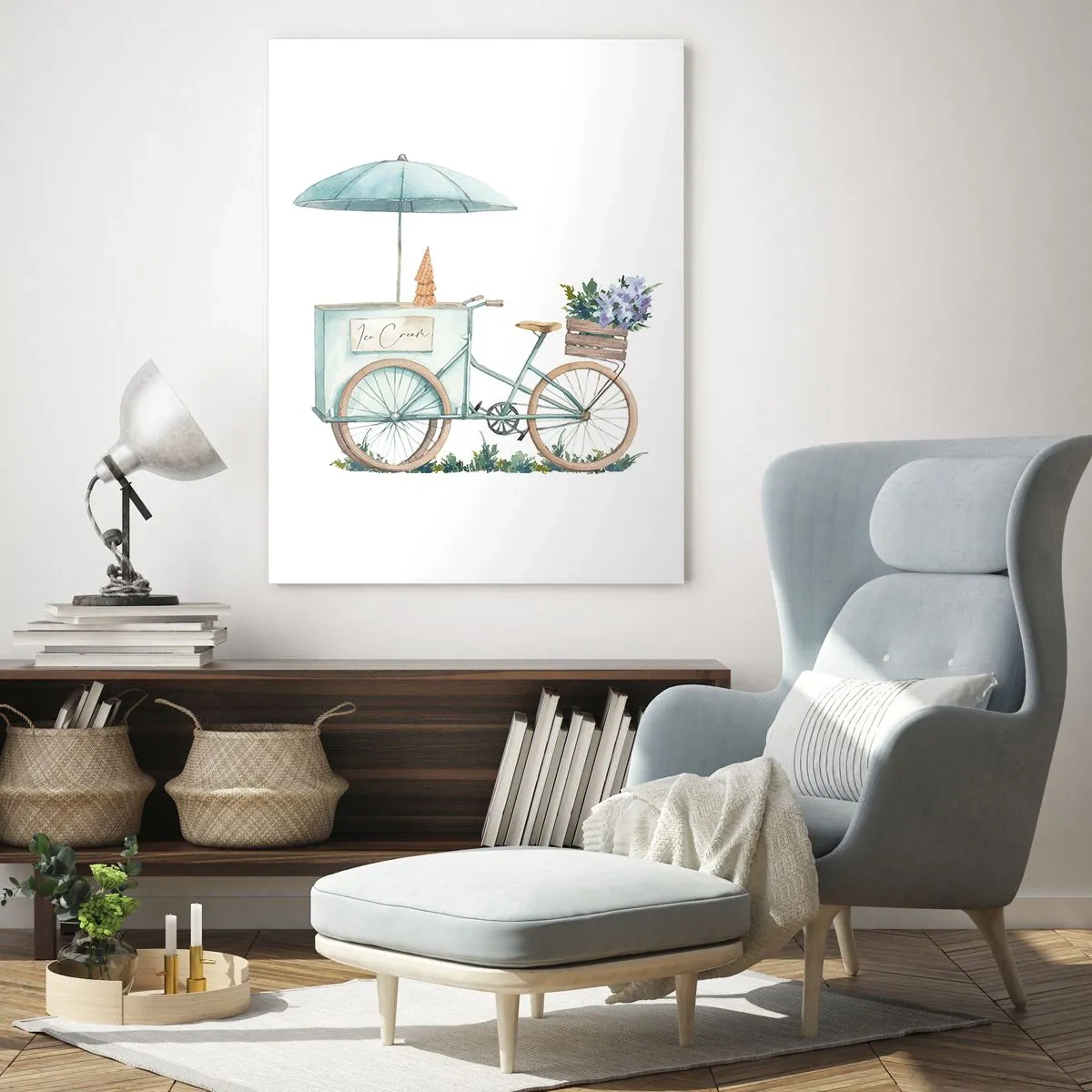 Impression sur verre - Image sur verre - Un vélo avec de la glace et des fleurs sous un parapluie aux couleurs pastel délicates - 80x120cm - Doux souvenir d'été - Décoration murale moderne pour le salon et la chambre ARTTOR