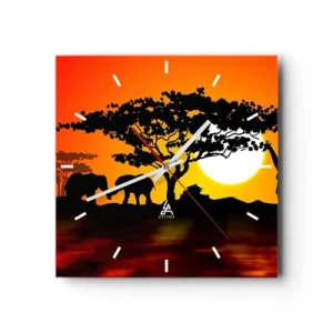 Horloge murale - Pendule murale - Coucher de soleil africain avec des silhouettes d'éléphants et de girafes au-dessus de l'eau - 30x30cm - Rencontre dans la savane - Décoration murale moderne pour le salon et la chambre ARTTOR