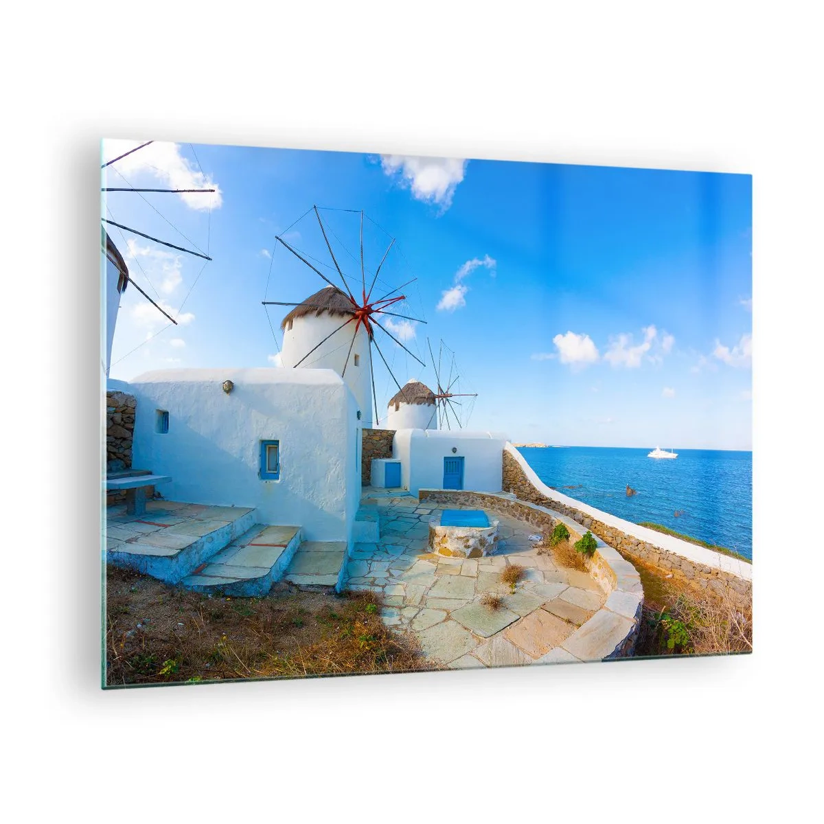 Impression sur verre - Image sur verre - Moulins à vent sur la côte égéenne - 70x50cm - Le vent bleu de la mer - Décoration murale moderne pour le salon et la chambre ARTTOR