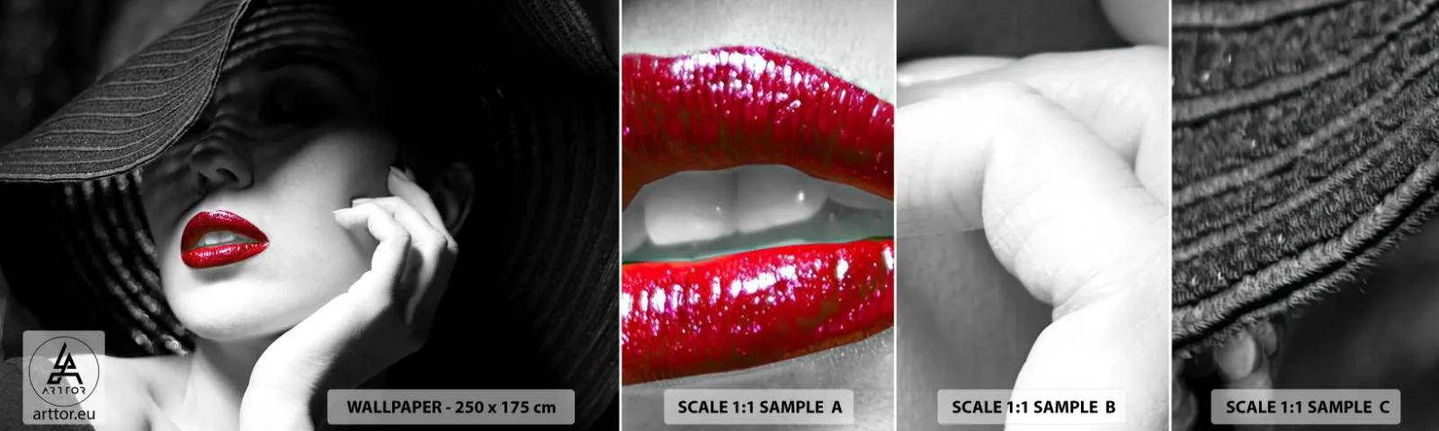 Échantillon de Papier Peint Autocollant Deluxe Sticker - Étude écarlate - Femme, lèvres rouges, Mode - 100x30 cm